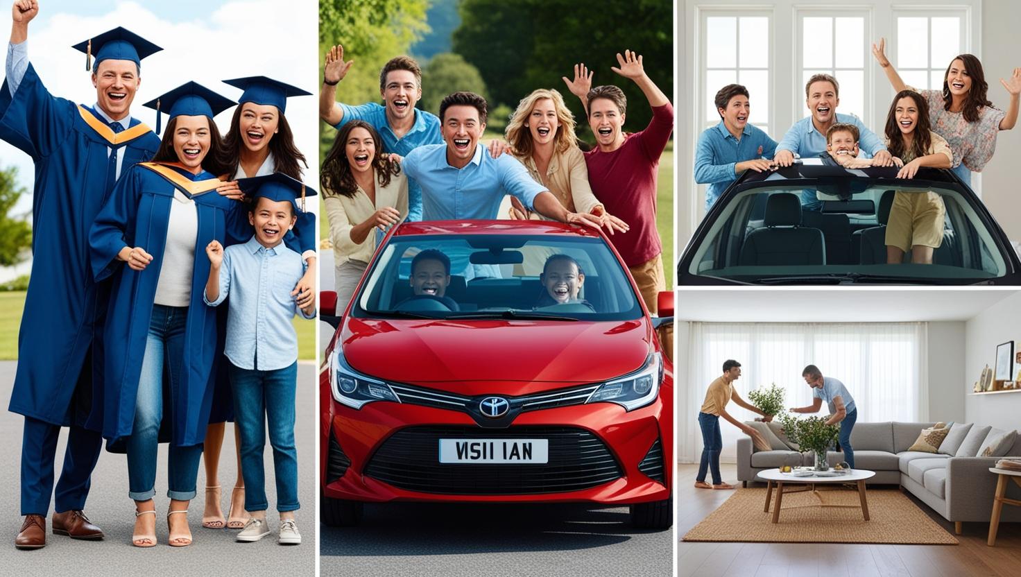 en base en la ultima imagen enfoca familia con graduado, familia que esta emocionada con su automovil nuevo y familia acomodando su nuevo juego de sala en base en la ultima imagen enfoca familia con graduado, familia que esta emocionada con su automovil nuevo y familia acomodando su nuevo juego de sala